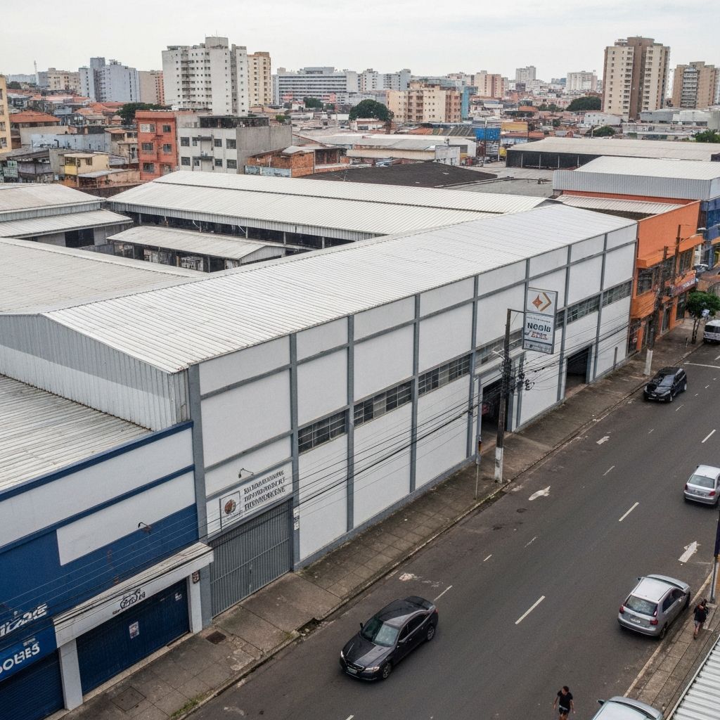 Galpão comercial com fachada simples e telhado metálico em área urbana brasileira