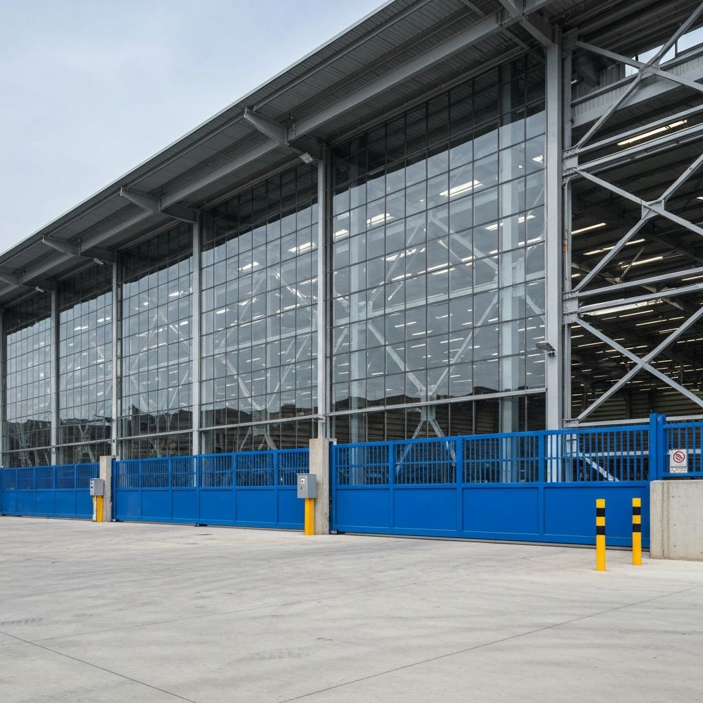 Galpão industrial médio no Brasil com estrutura metálica moderna e portões azuis