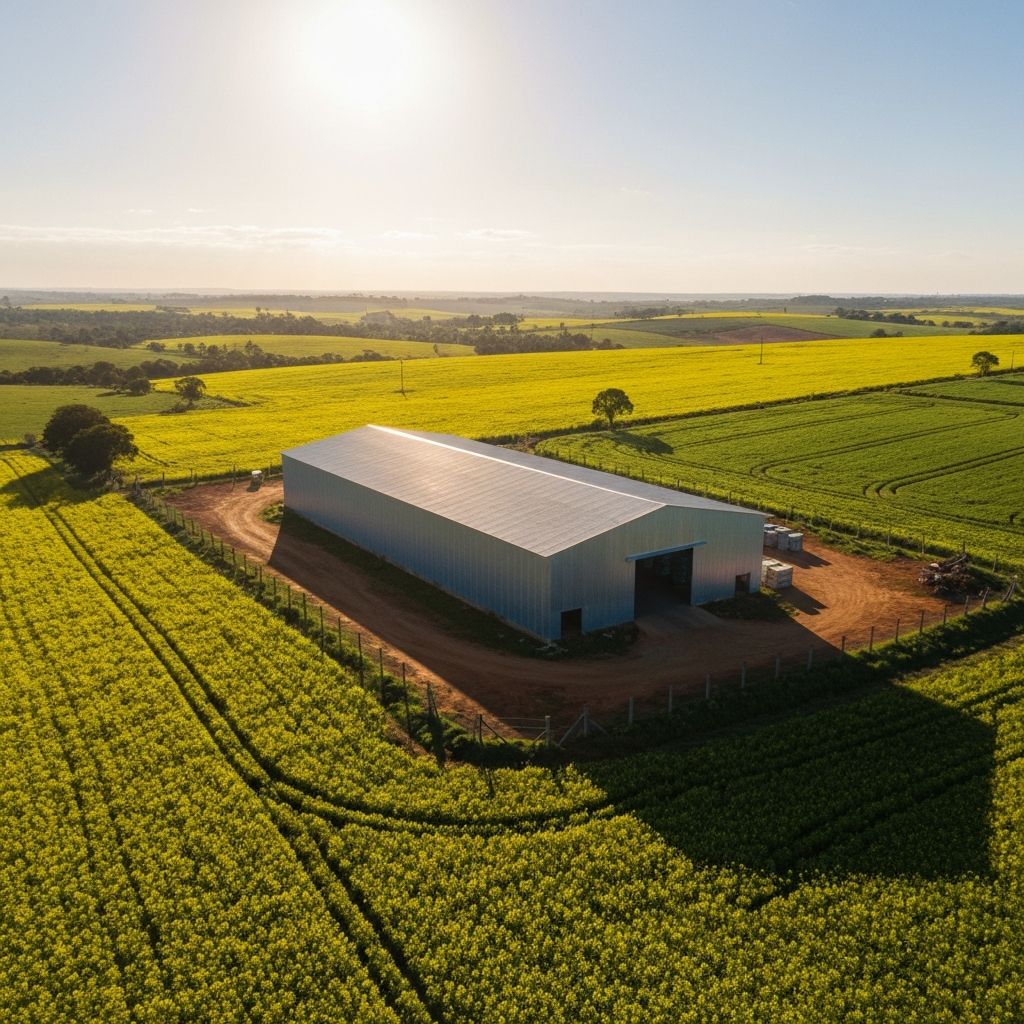 Galpão rural no Brasil com maquinário agrícola e ambiente ensolarado